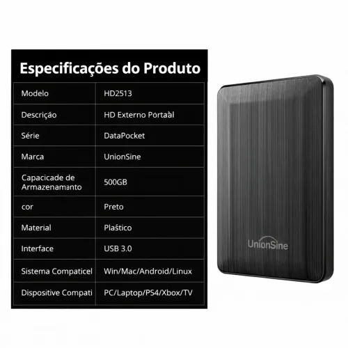 HD Externo UnionSine 500GB USB 3.0 Portátil - Compatível PC/PS4/ Xbox/Mac