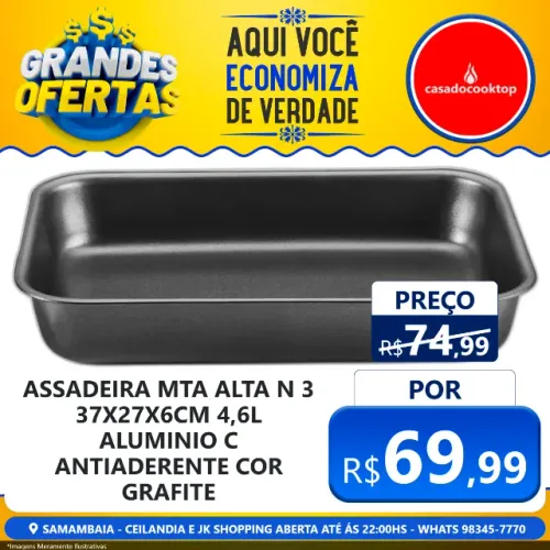 Assadeira mta alta n.3 37x27x6cm / 4,6l  - aluminio c/ antiaderente cor grafite