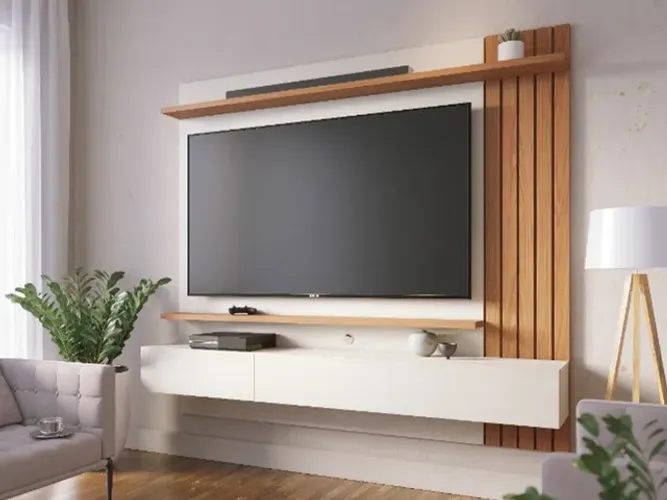 Painel para TV 1,80m Ripado Lateral Off White Matte/Freijo a65