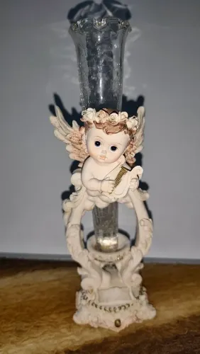 Serafim com Harpa - Porta-Vela Decorativo 23 cm ( assinado e pintado a mão)<br>