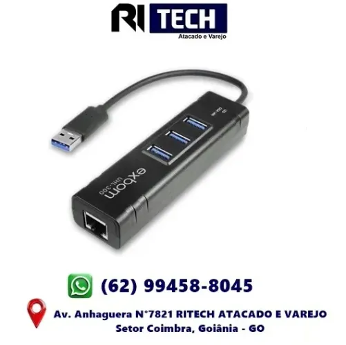 HUB USB 3.0 Com 3 Entradas USB e Porta Adaptador de Rede Ethernet RJ45 Até 1000 Mbps