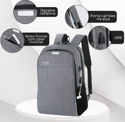 Mochila Anti Furto Notebook Saída Cabo Aux Usb E Fone Ouvido
