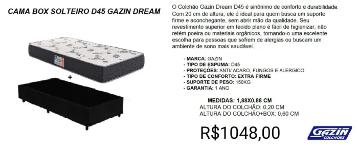 CONJUNTO SOLTEIRO GAZIN, BOX+COLCHÃO 