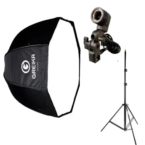 KIT SOFTBOX SOMBRINHA OCTAGONAL 80CM + TRIPÉ 2 MTS + SUPORTE E27 SIMPLES (Mod KO80S)