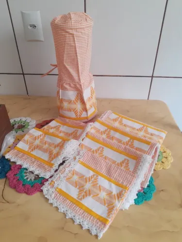 Kit jogo de cozinha artesanal bordado hardange com 7 peças com aplicação de bicos de croch