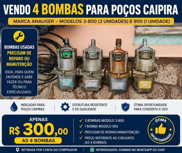 VENDO 4 BOMBAS SUBMERSAS ANAUGER PARA POÇO CAIPIRA - LOTE COMPLETO