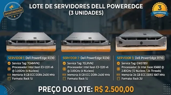 Lote 3 Servidores Dell PowerEdge (2x R230 8GB DDR4 + 1x R710 24GB Dual Xeon)