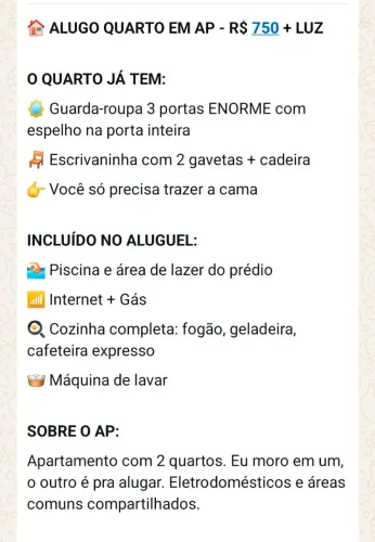 Alugo um quarto R$750,00 + Luz.