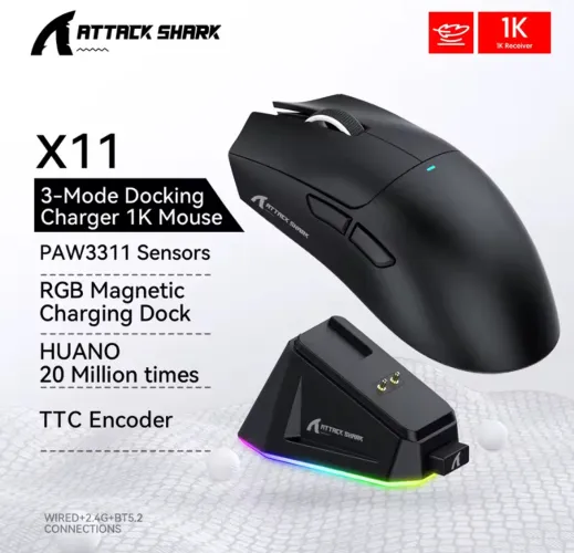 Attack Shark X11 Mouse Sem Fio PAW3311 Com Base Carregadora