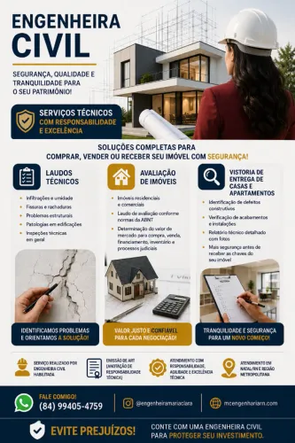 ENGENHEIRA CIVIL | LAUDOS TÉCNICOS | AVALIAÇÃO DE IMÓVEIS | VISTORIA DE ENTREGA  