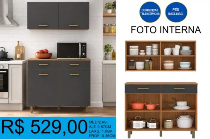 CONJUNTO DE ARMÁRIO PARA COZINHA - MONTAGEM GRATUITA
