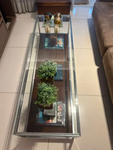 Mesa de centro em inox, madeira e vidro