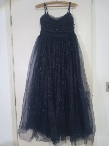 VESTIDO DE FESTA AZUL-MARINHO COM BRILHO E TULE - TAMANHO M - USADO 1 VEZ