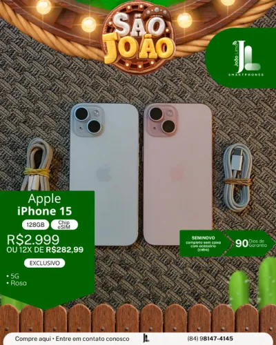 IPHONE 15, 5G, 128GB, CHIP ESIM, ROSA, SEMINOVO , EXCLUSIVO!