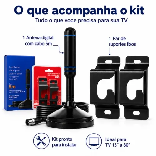 Combo Antena Digital HDTV UHF VHF Cabo 5m Base Magnetica E Suporte Para TV Fixo Parede 18