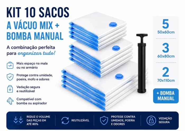 Kit 10 Sacos a Vácuo Mix + Bomba Manual | Organizador de Mala, Armário e Edredom