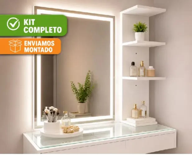 Kit Penteadeira de Vidro com Espelho LED e Prateleira Organizadora