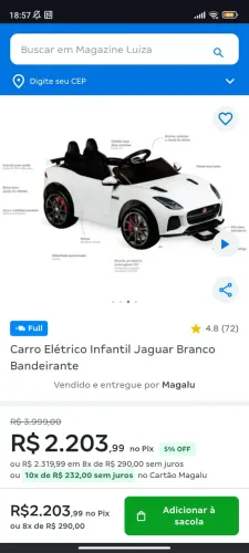Carro Elétrico Infantil Jaguar Branco Bandeirante
