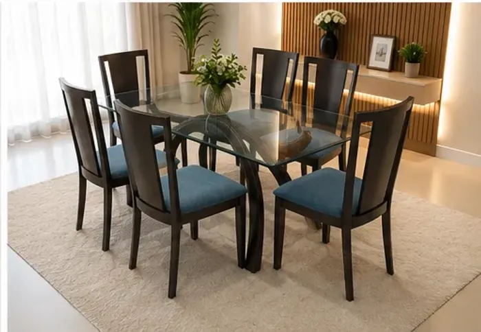Mesa de Jantar 6 Lugares em Madeira Maciça com Tampo de Vidro - Linda