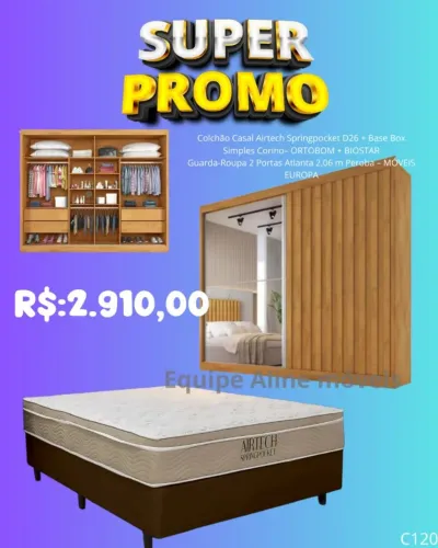 Quarto luxo com guarda roupas ripado com espelho e base casal + colchão molas ortobom
