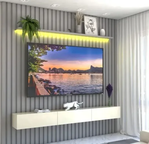 Painel para Tv até 85 Polegadas Noronha 3 Gavetas Ripado 100% Mdf Cinza/off White