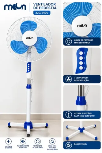 Ventilador De Coluna Moon 50 cm 220/240V Pedestal 3 Velocidades E Altura Ajustável Gradado