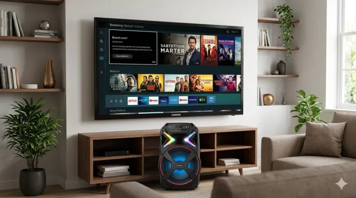 TV SAMSUNG 55 4K, SUPORTE RETRÁTIL E GIRATÓRIO MAIS CAIXA DE SOM MONDIAL