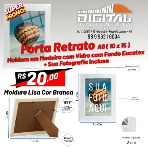 Porta Retrato 10X15 Moldura Branca com Vidro e Fundo Eucatex + Sua Foto Inclusa