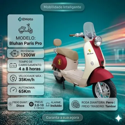 Moto Elétrica Bluhan Paris Pro 1200W 65km Autonomia Econômica Nova