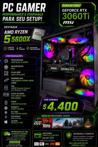? PC Gamer Ryzen 5 5600X + RTX 3060 Ti - R$ 4.400