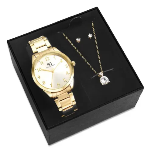 Kit Relógio Feminino Dourado com Colar e Brincos Ponto de Luz - Elegância e Sofisticação