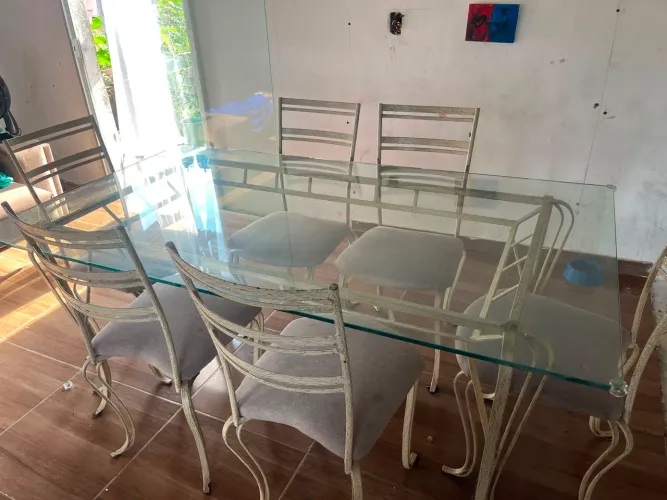 Mesa de Jantar com 6 Cadeiras - Ferro e Tampo de Vidro | Excelente Estado