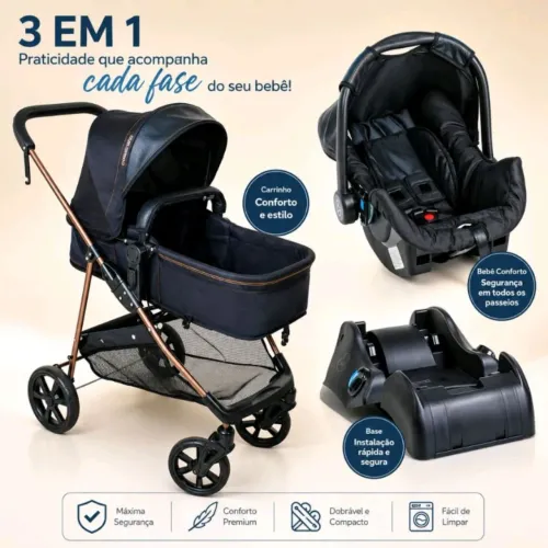Carrinho de bebê Napoli com bebê conforto e base para carro