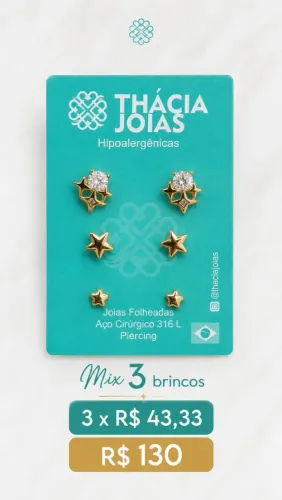 Mix 3 brincos estrelas folheados a ouro