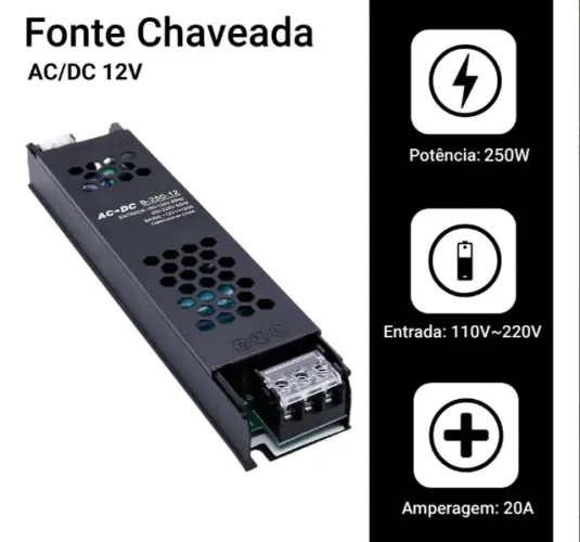 Fonte Chaveada 12v 20a 110-220V P/ Cftv Fita Led Som Capa Preta