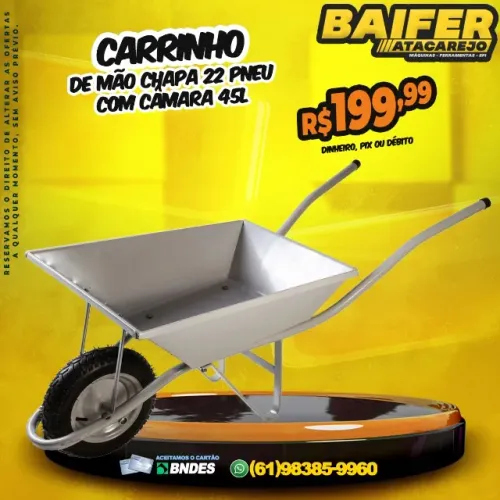 Carrinho De Mão Chapa 22 Pneu Com Câmara 45L