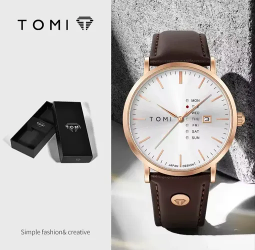 Lindo Relógio de Pulso TOMI Branco Rosa Dourado Quartzo Qualidade Premium Pulseira couro