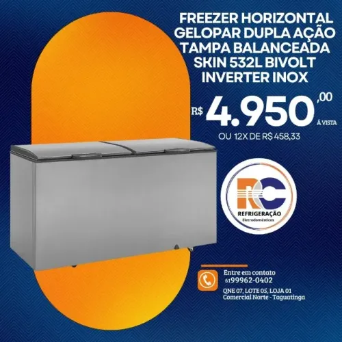 FREEZER HORIZONTAL GELOPAR DUPLA AÇÃO TAMPA BALANCEADA SKIN 532L BIVOLT INVERTER INOX