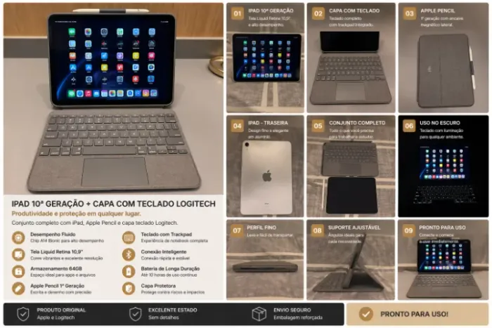 iPad 10a geração + Apple Pencil + Teclado Logitech (combo completo)