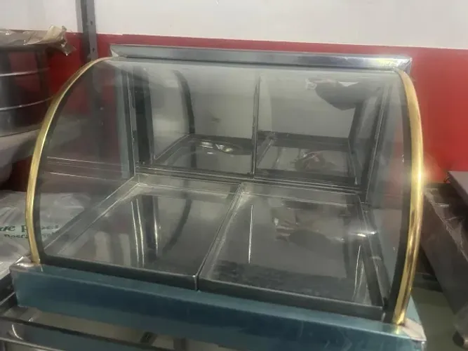 estufa para salgados 2 bandejas, vidro curvo, termostato, med. 0,44cm