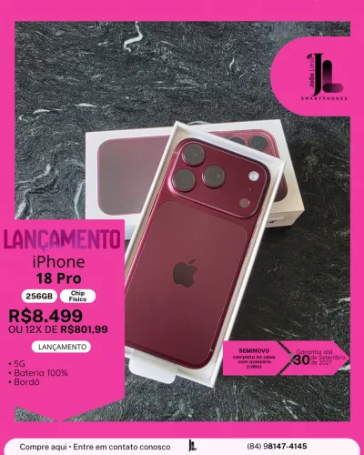 IPHONE 18 PRO, 5G, 256GB, CHIP FÍSICO, SEMINOVO, LANÇAMENTO!