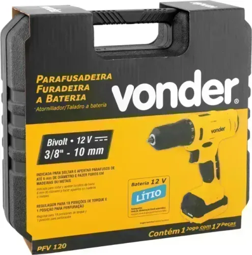 Parafusadeira/furadeira a bateria, 12 V, fonte bivolt automática, PFV 120 VONDER