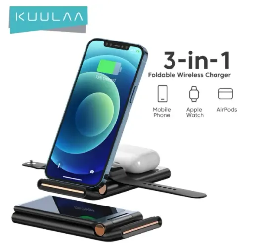 Carregador sem fio 3 em 1 Kuulaa Iphone android (celular, relógio e fone) por indução