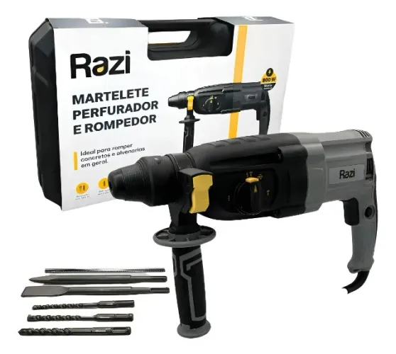 Martelete Perfurador Rompedor E Cinzelador Razi 800w Sds Plus Rz-m8003j Com Punho Auxiliar