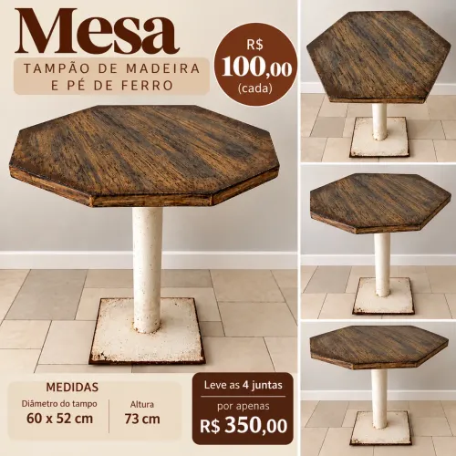 Mesa Bistrô Hexagonal Tampo Madeira Base Ferro Rústica Industrial