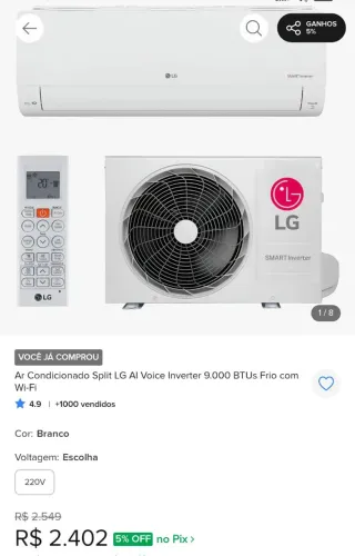 Ar condicionado 9000 btus Lg Inveter - Novo na Caixa lacrado