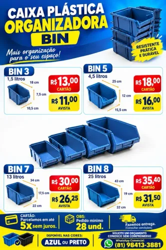 Caixa Bin organizadora e expositor na cor preto ou azul direto da distribuidora