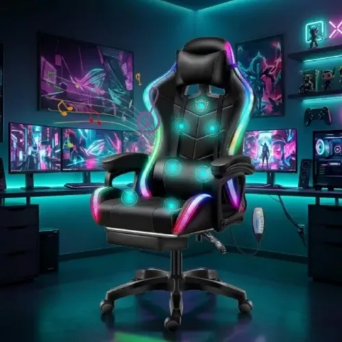 Cadeira Gamer RGB LED com Massagem e Caixa de Som Bluetooth Reclinável Ergonômica Preta