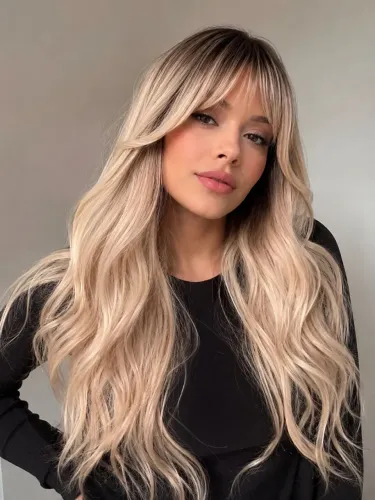 Peruca Loira Ondulada 70 cm Raiz Esfumada Fibra Premium