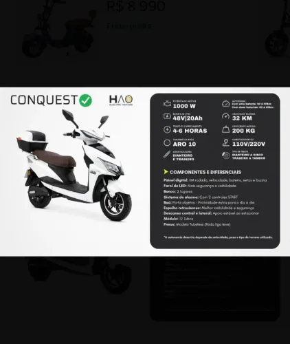 Moto Elétrica HAO Conquest 1000W 32KM/H Capacidade 200Kg Branca Bivolt